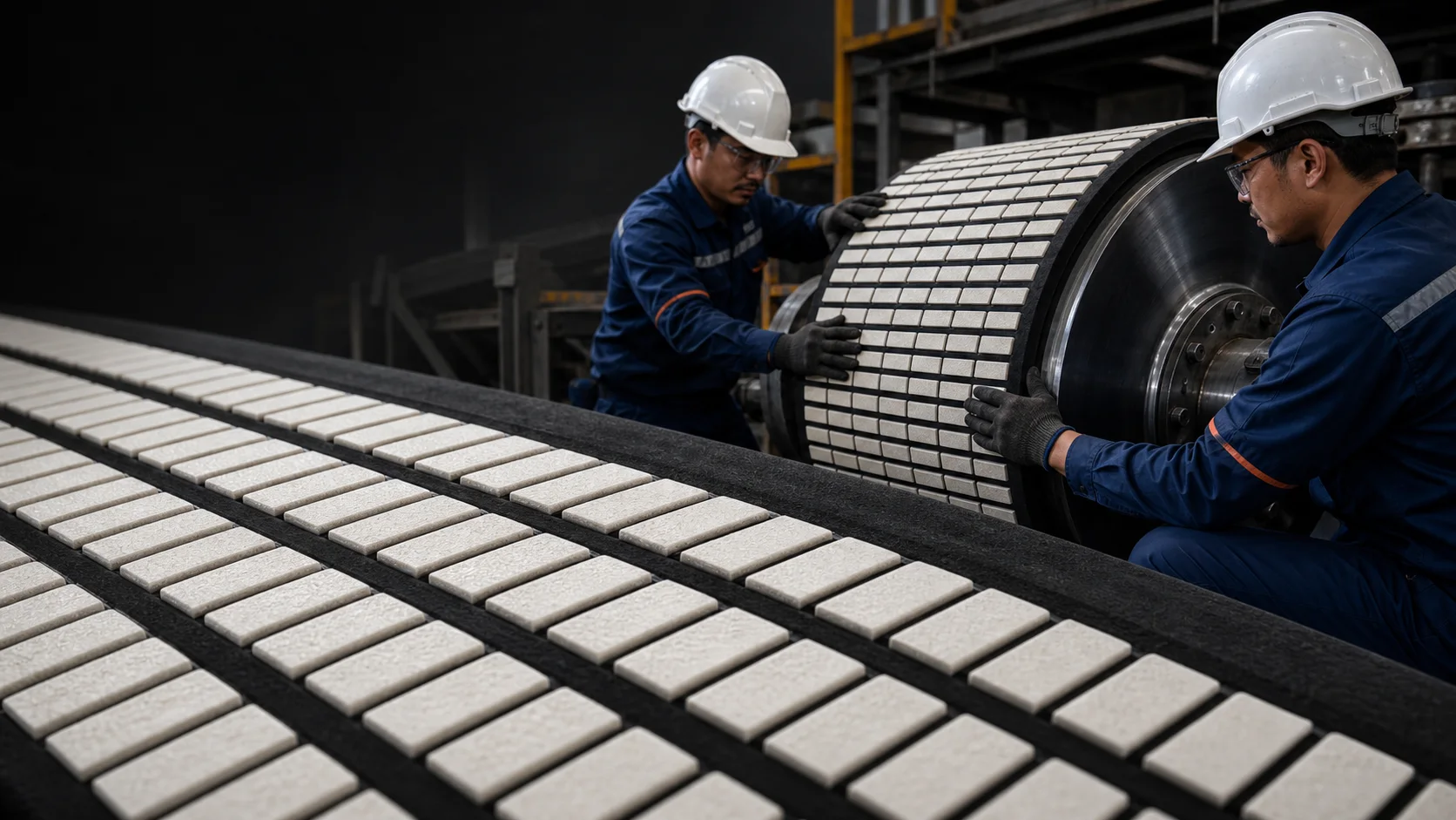 Proses pengecekan dan penyesuaian ceramic rubber lagging